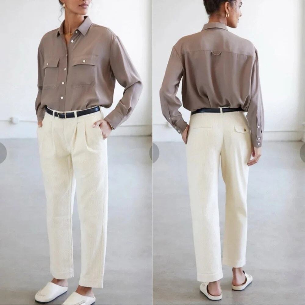 AYR The Metropolitan High Rise Corduroy Pleated Trouser Pants Cream Women Size 2